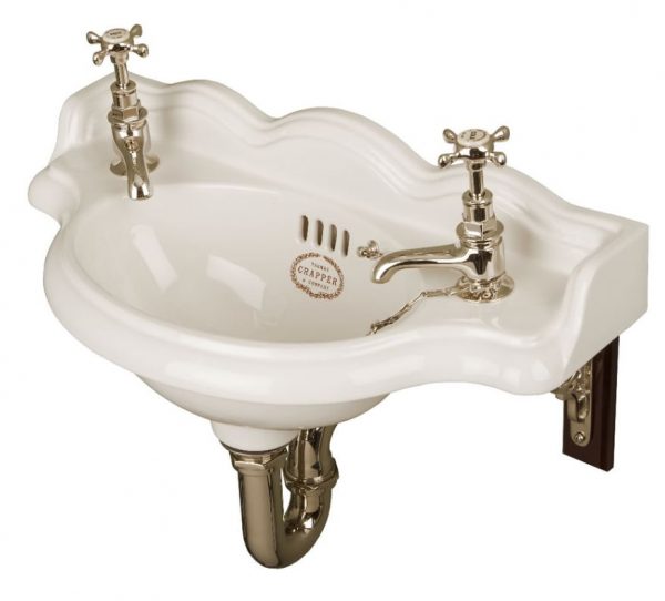 Thomas Crapper Cloakroom Wall hung sink in white with single basin taps and drain