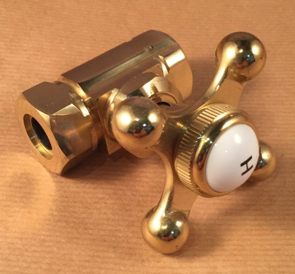 Ball tip Handle, 1/2″ IPS inlet, 1/2″ slip joint outlet straight stop. Pictured stop is in Coated Polished Brass, lead free!