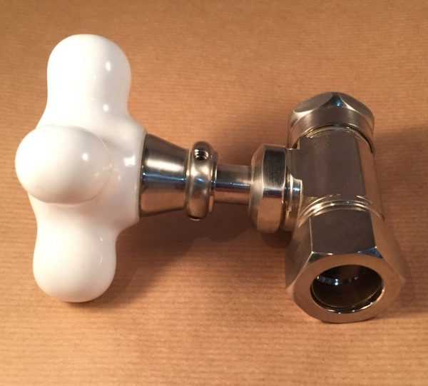 Porcelain Cross straight stop valve, 5/8″ OD comp. inlet, 1/2″ OD comp. outlet straight stop. Shown in Brushed nickel finish, now lead free.