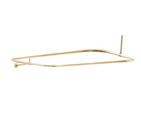 Rectangular shower curtain ring with wall and ceiling supports, shown in polished brass