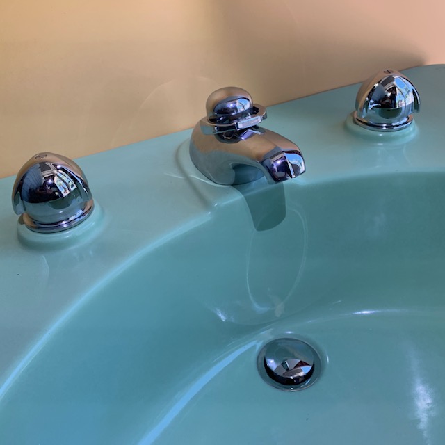 Vintage Restored Crane Temple Lavatory Faucet, Complete installed on blue sink
