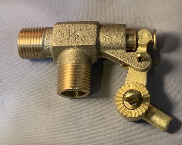 Solid brass sidefill float valve used in early high tank toilets
