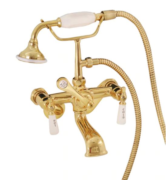 British style Adjustable centers clawfoot tub valve with handheld shower wand in Polished Brass