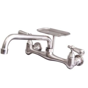 wall mount kitchen faucet with swivel spout and soap dish, metal lever handles chrome finish