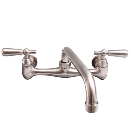 wall mount kitchen faucet with swivel spout, no soap dish, metal lever handles chrome finish