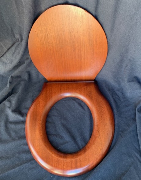 Darkish Stained Round Front Mahogany Toilet Seat Barely B Grade open